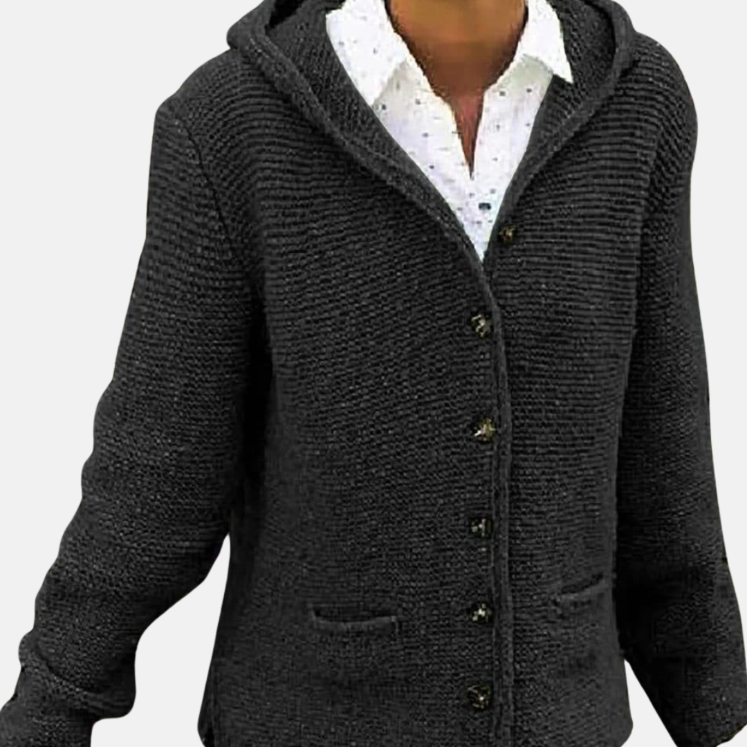 Stilla | Uld Hættecardigan Knap-Front Ribstrikket Cardigan