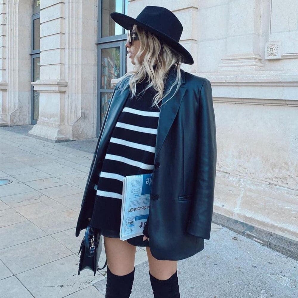 Stilla | Strikpullover Oversized Fit Høj Krave Bløde Strikkede Striber