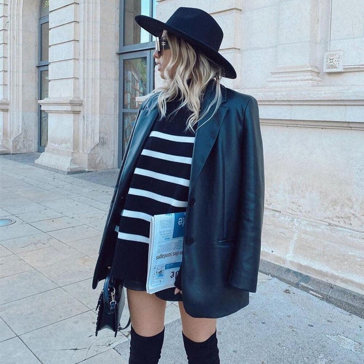 Stilla | Strikpullover Oversized Fit Høj Krave Bløde Strikkede Striber