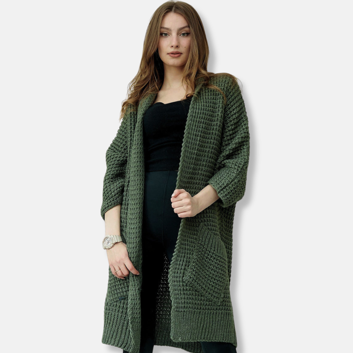 Stilla | Frakke i Strik Oversized Fit Åben Front Mønster Lommer Ribbet Kanter