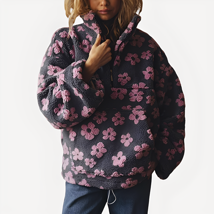 Stilla | Dame-Sherpa-Trøje med Stilfuldt Blomsterdesign