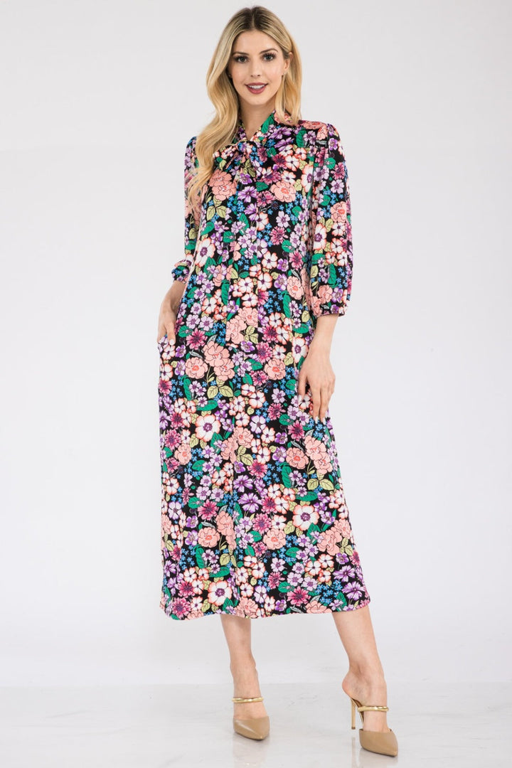 Stilla | Full Size Floral Midi Kjole Med Sløjfe Bundet