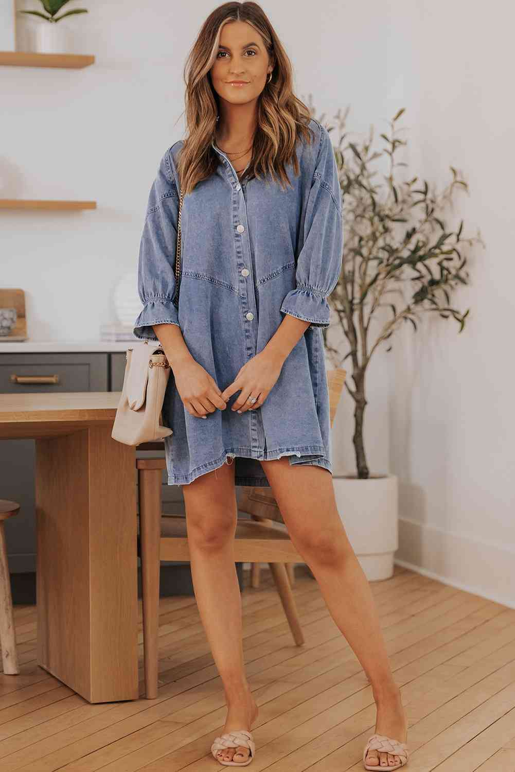 Stilla | Hals Flounce Ærme Denim Mini Kjole