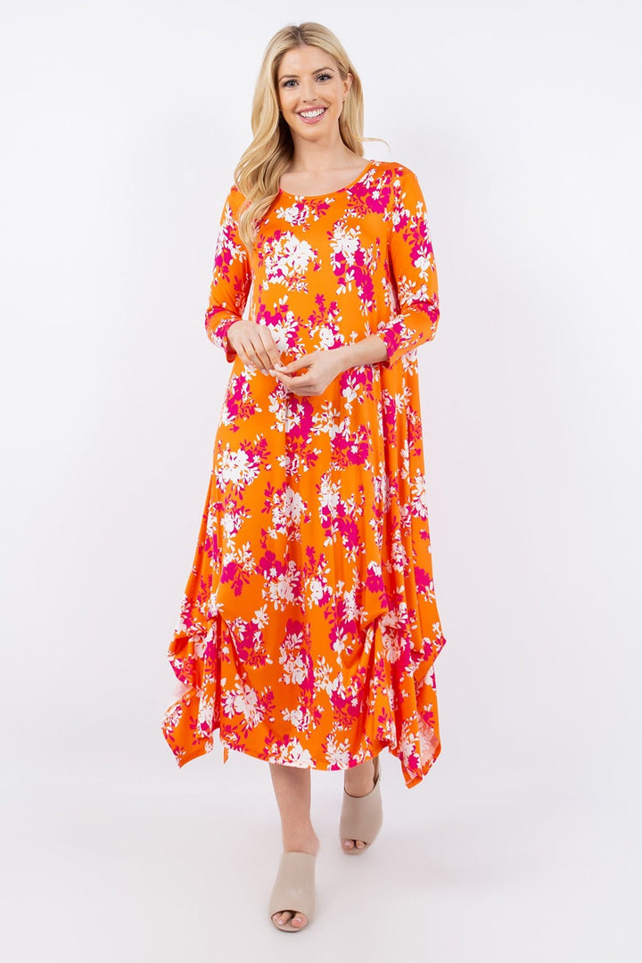 Stilla | Full Size Pick-up Hem Asymmetrisk Blomster Midi Kjole