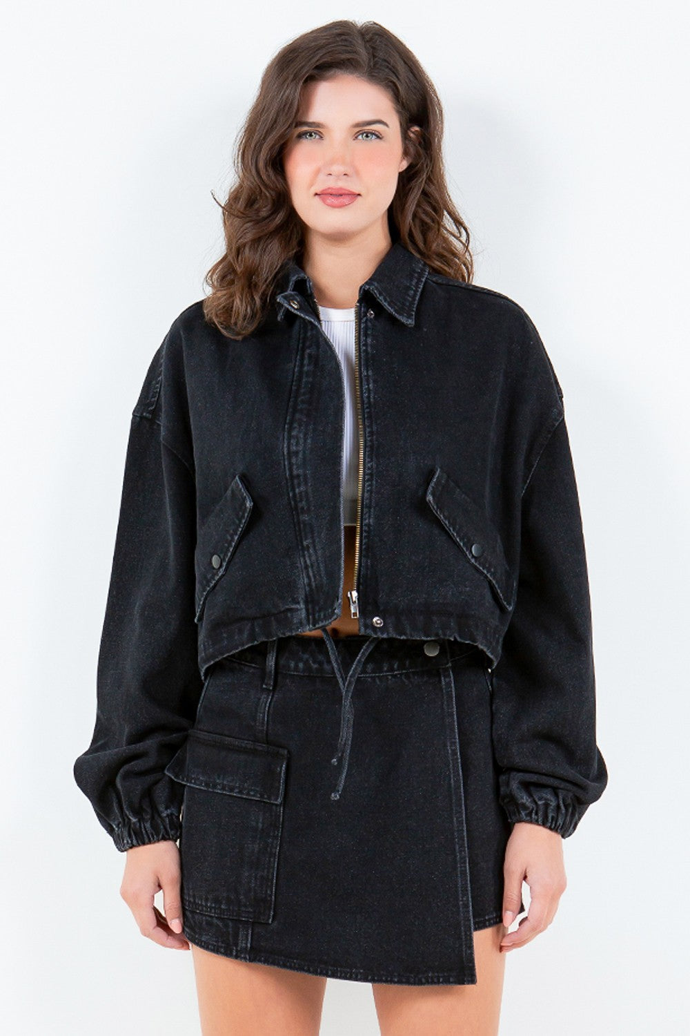 Stilla | Bazi Snøre Talje Crop Denim Jakke