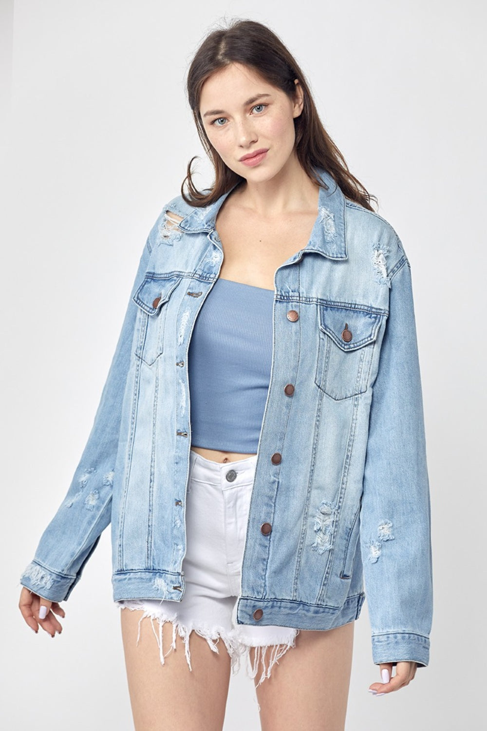 Stilla | Full Size Distressed Long Sleeve Denim Jacket