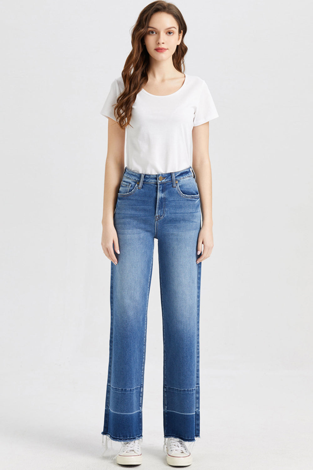Stilla | Full Size Høj Talje Kattev Whisker Bred Skinds Jeans