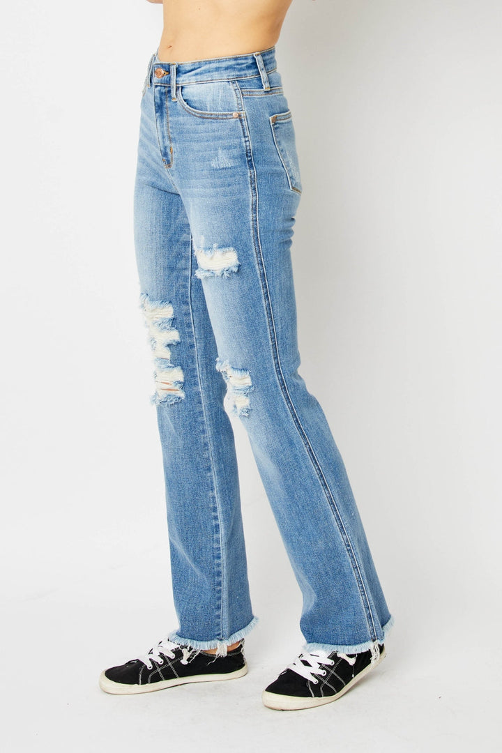 Stilla | Blå Fuld Størrelse Slidt Rå Kant Bootcut Jeans