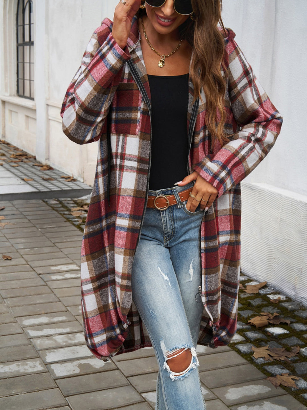 Stilla | Plaid Zip Up Hooded Coat