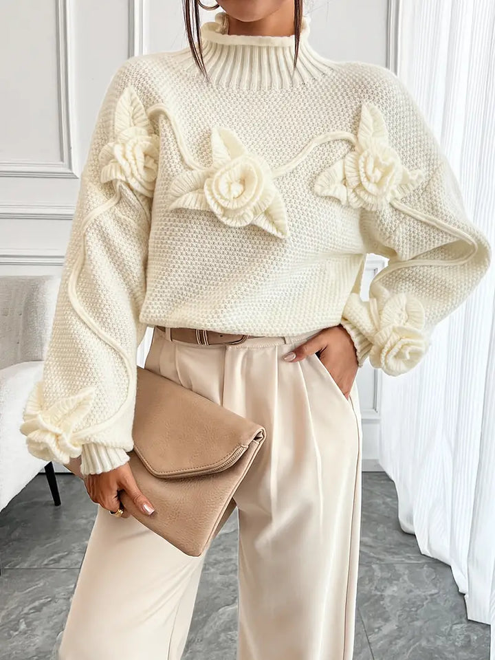 Stilla | Rullekrave strikbluse med blomster