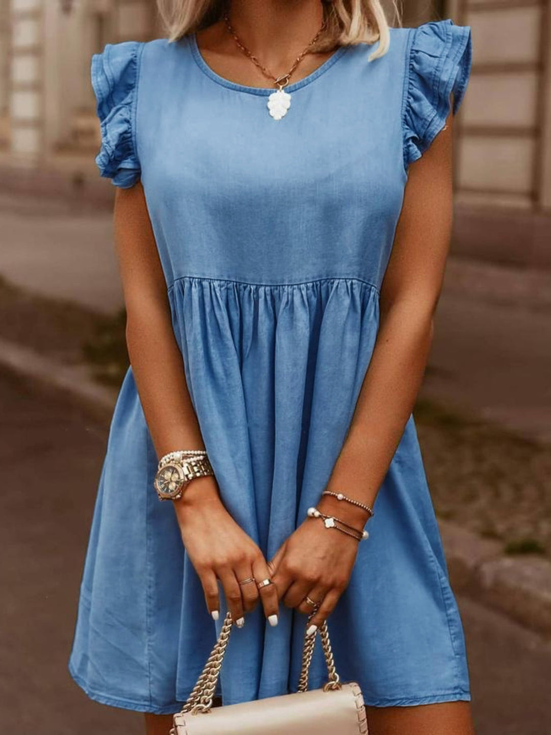 Stilla | Størrelse Ruffle Rund Hals Kappe Ærme Denim Kjole