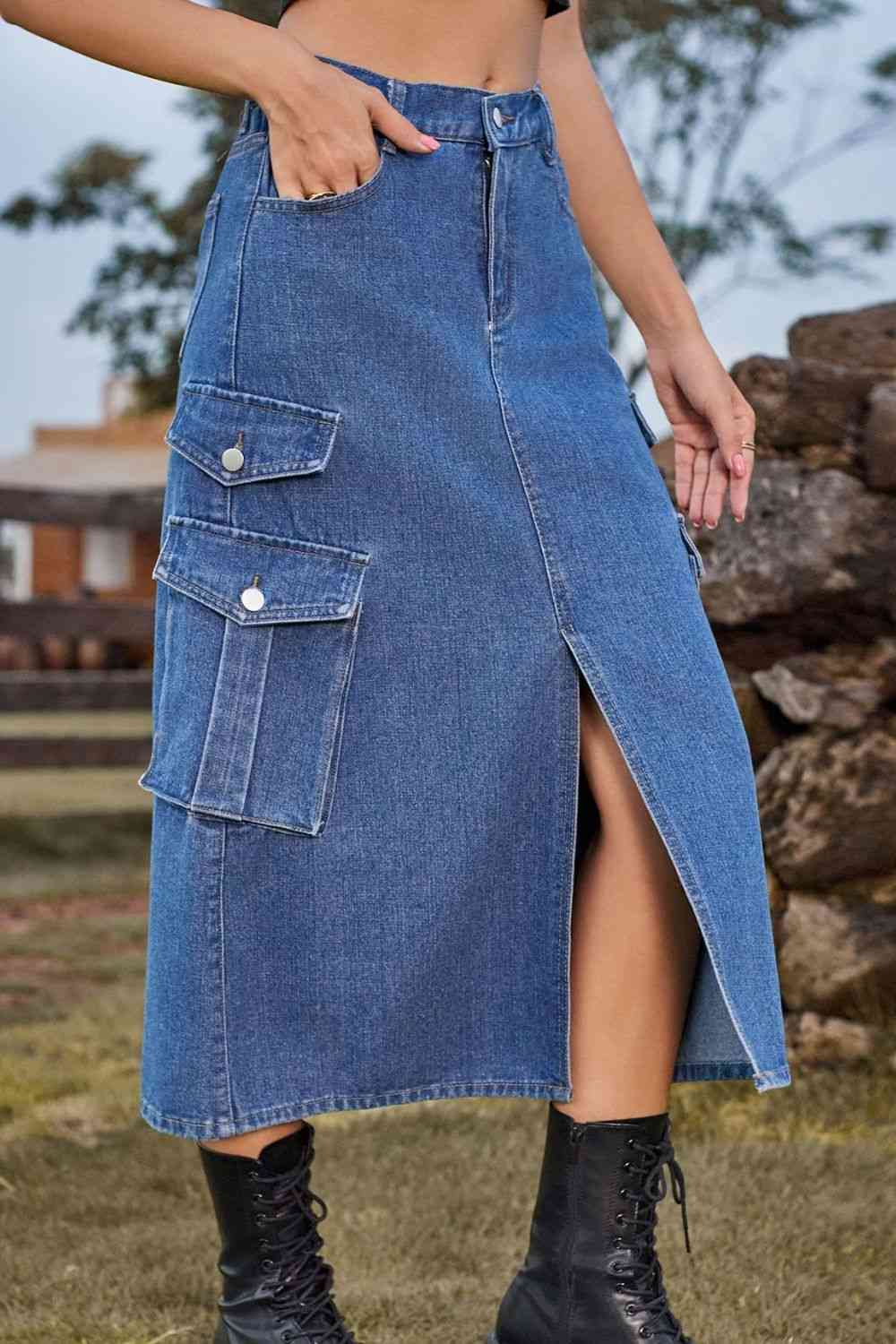 Stilla | Front Midi Denim Skirt Med Lommer