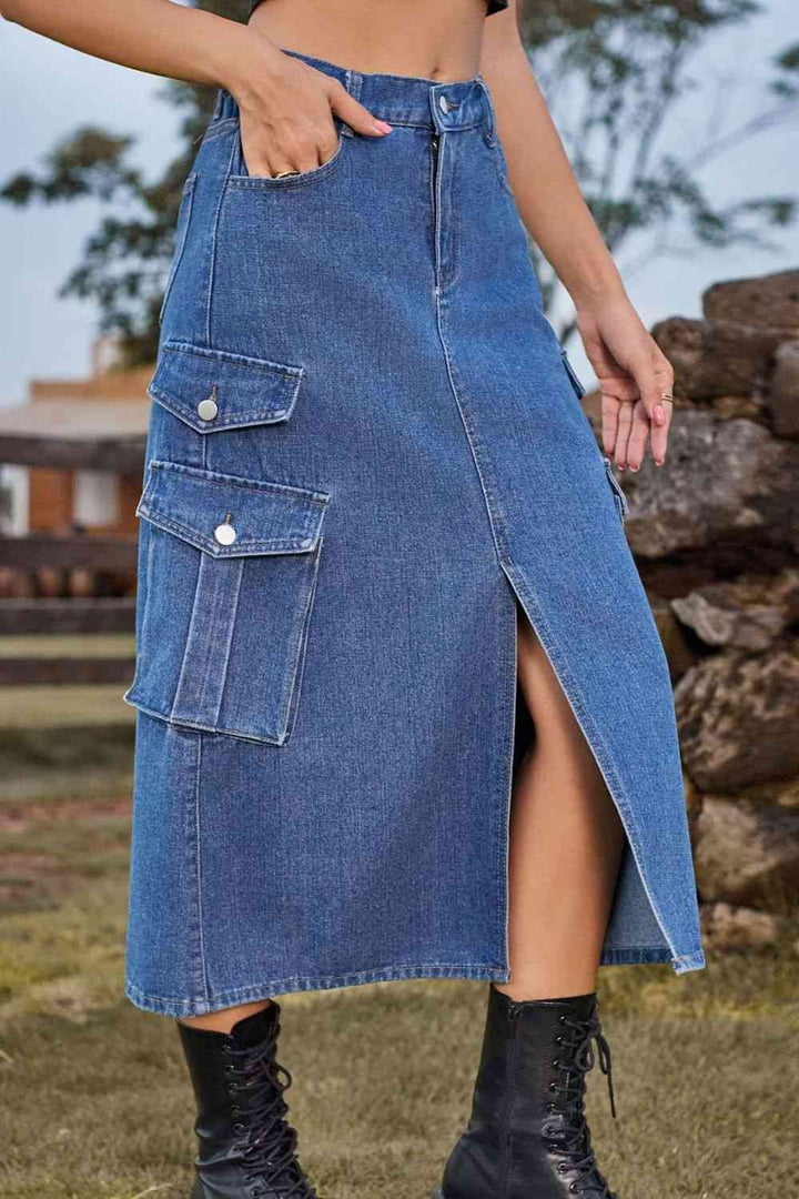 Stilla | Front Midi Denim Skirt Med Lommer