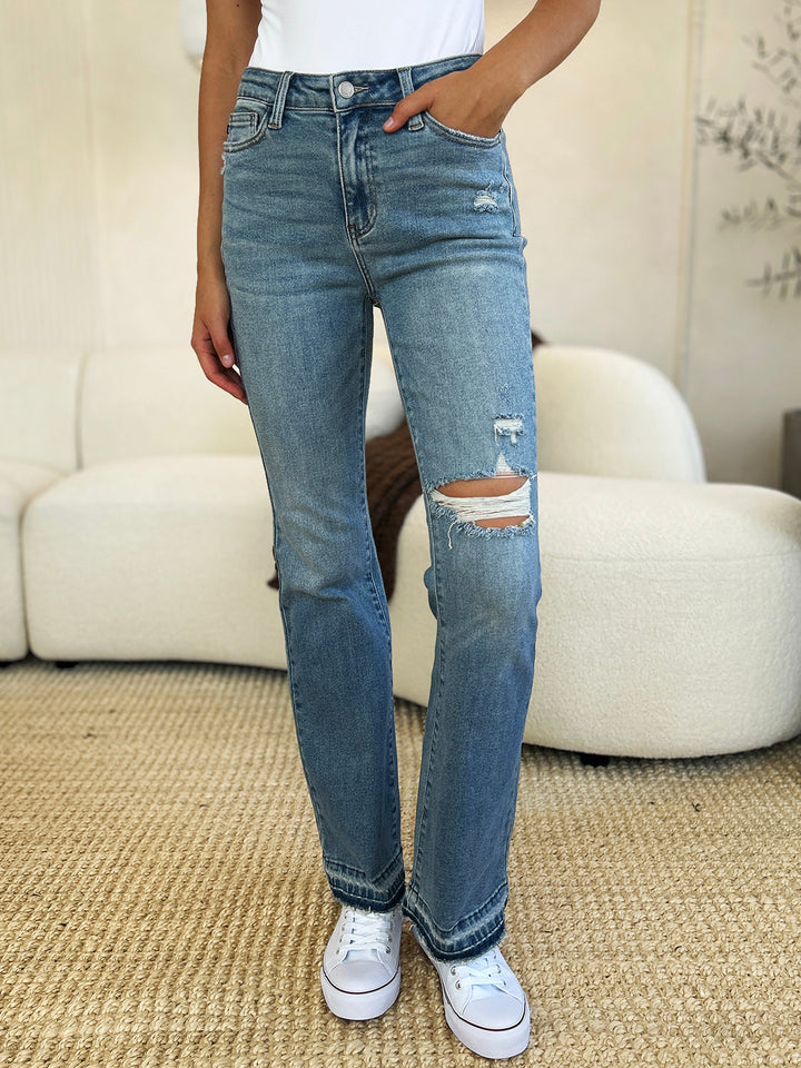 Stilla | Blå fuld størrelse mid rise ødelagt kant slidte jeans