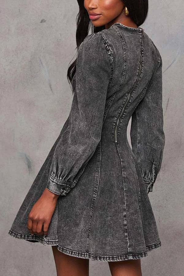 Skovae | Fade Into You Denim Prinsesse Linie Ryg lynlås Flare Stretch Mini Kjole