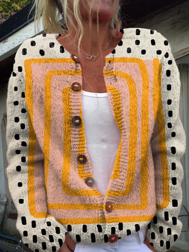Stilla | Pullover Strikjakke Gul Med Abstrakt Geometrisk Mønster og Punkter