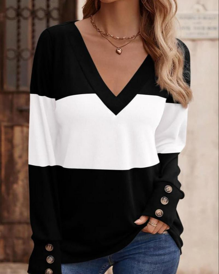 Stilla | Shirt Dame Colorblock Tryk Knap Deko Faldende Skulder
