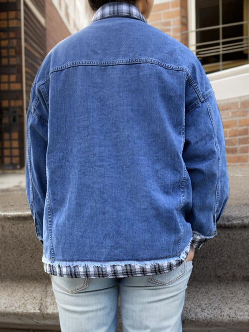 Stilla | Størrelse Plaid Krave Hals Raw Hem Denim Jakke