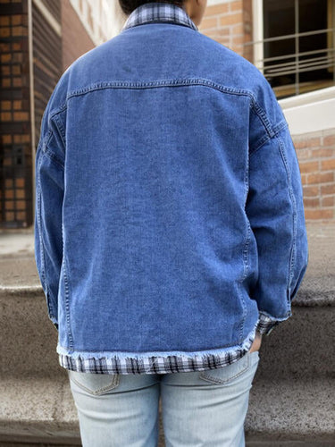 Stilla | Størrelse Plaid Krave Hals Raw Hem Denim Jakke