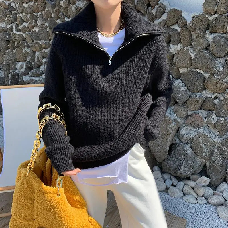 Stilla | Cozy Tykt Strik Sweater med Lynlås Krave til Afslappet Varme