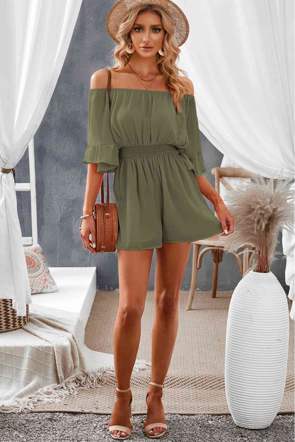 Stilla | Skulder Smocked Talje Flounce Ærme Romper