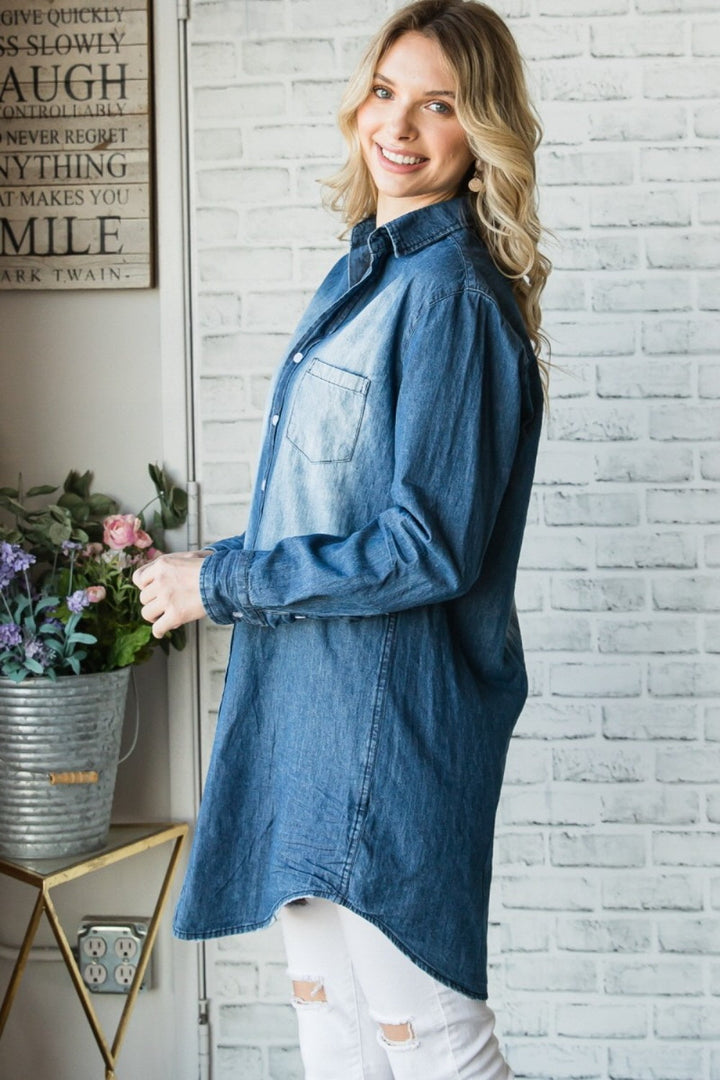 Stilla | Pocketed Button Up Vasket Denim Skjorte