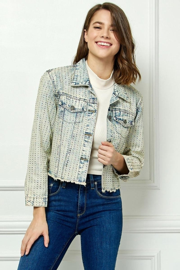 Stilla | Multi Color Stripe Rhinestone Raw Hem Denim Jacket