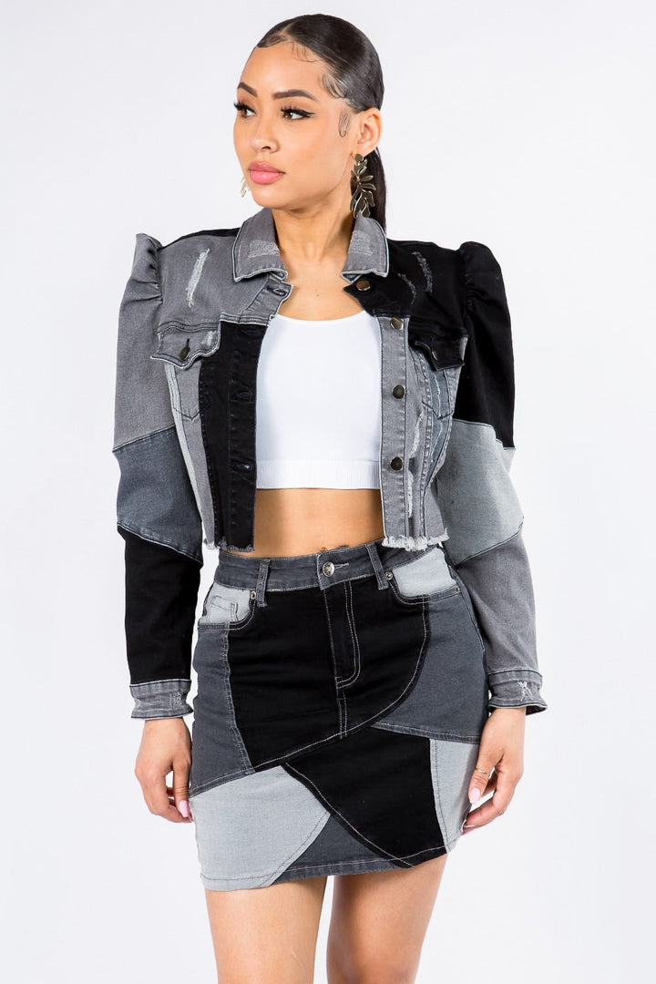 Stilla | Bazi Button Up Cropped Patchwork Denim Jakke