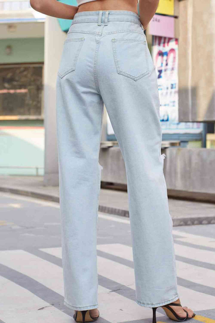 Stilla | Distressed Straight Leg Jeans Med Lommer