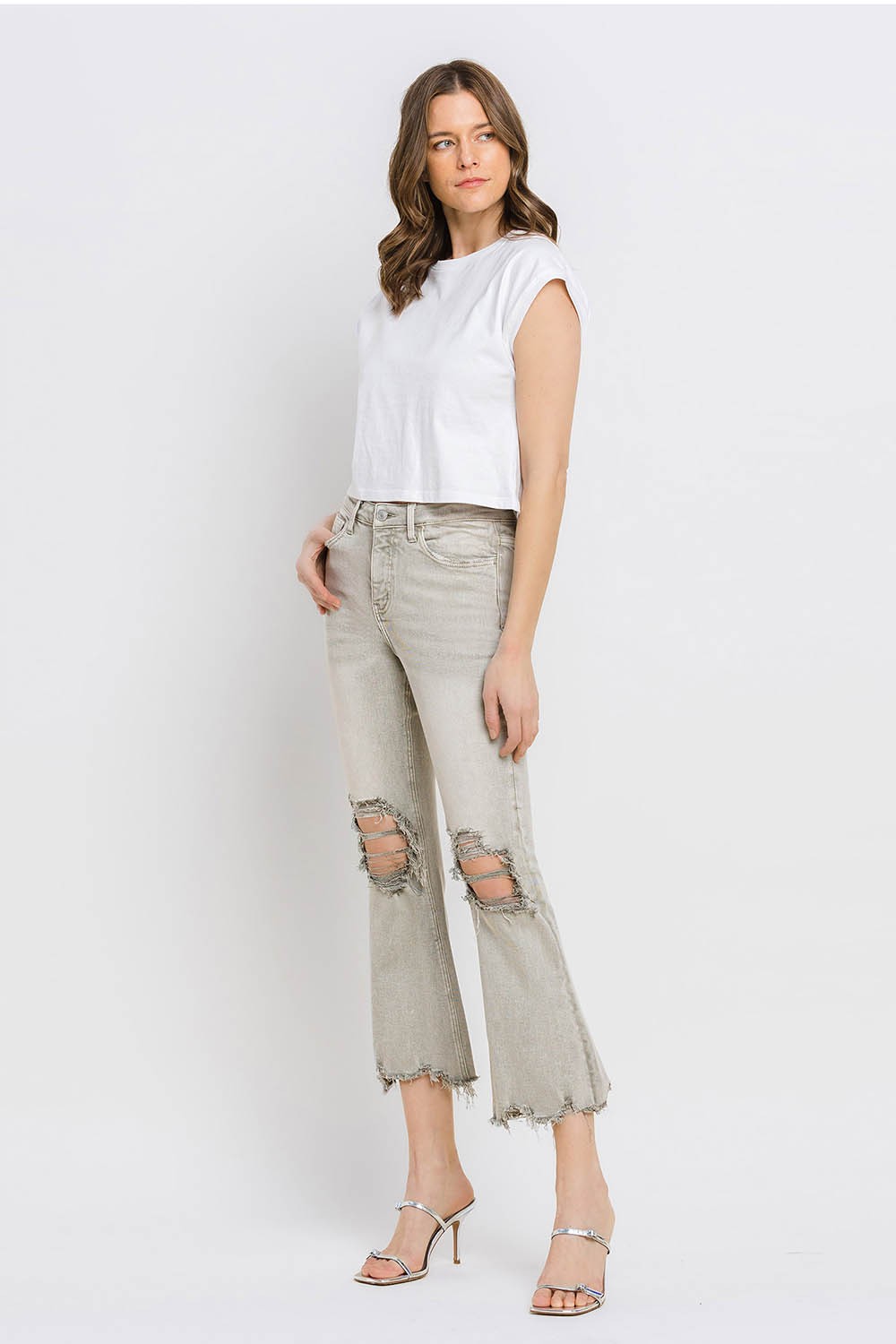 Stilla | Distressed Raw Hem Cropped Flare Jeans