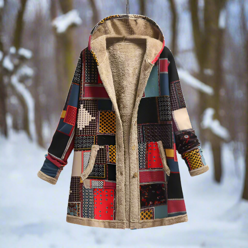 Stilla | Lang Patchwork-frakke Fleece-foret Hætte & Knaplukning Casual look