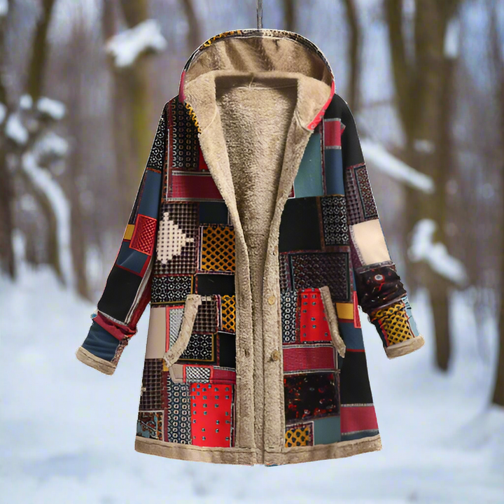 Stilla | Lang Patchwork-frakke Fleece-foret Hætte & Knaplukning Casual look
