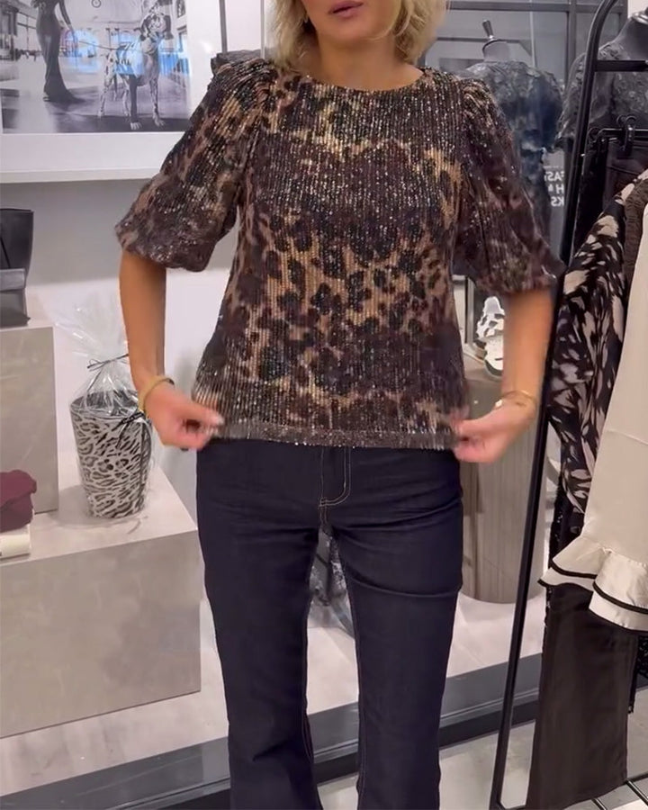 Stilla | Lanterneærmer Pailletter Leopardmønster