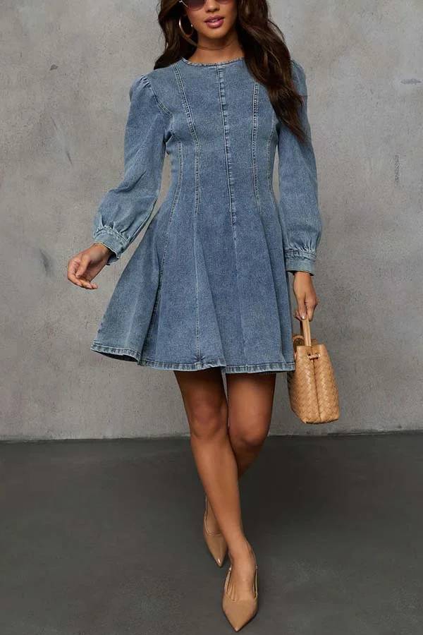 Skovae | Fade Into You Denim Prinsesse Linie Ryg lynlås Flare Stretch Mini Kjole