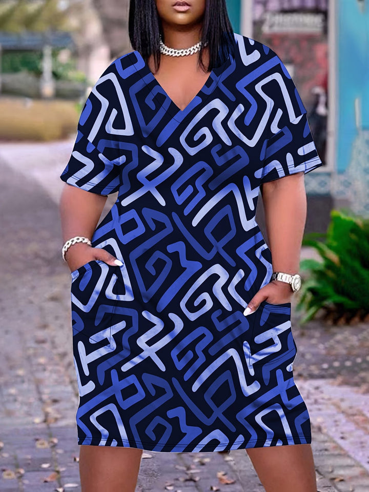 Stilla | Plus Size Kjole Med Striber Og V-Hals S Og Korte Ærmer Elegant