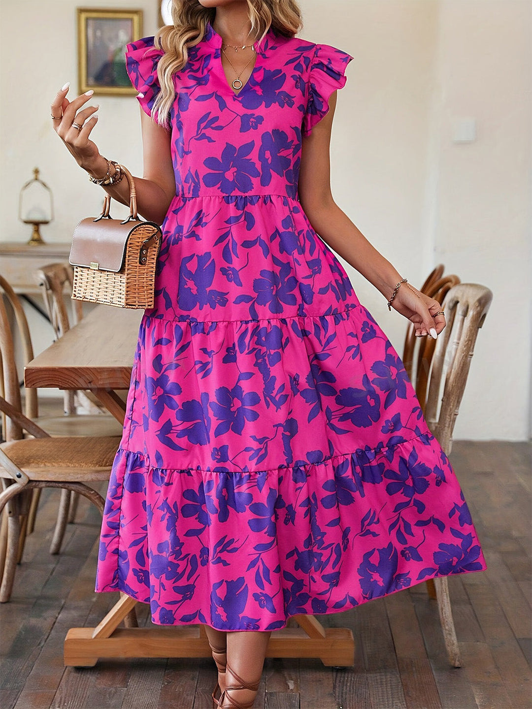 Stilla | Printed Cap Sleeve Midi Kjole