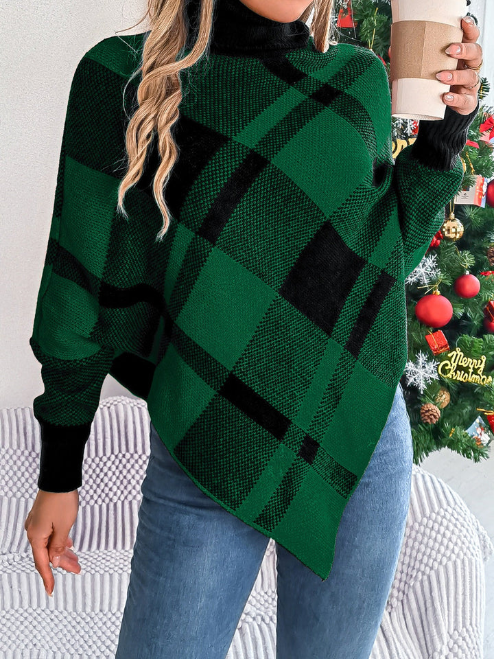 Stilla | Rullekrave sweater med ternet mønster og flagermusærmer