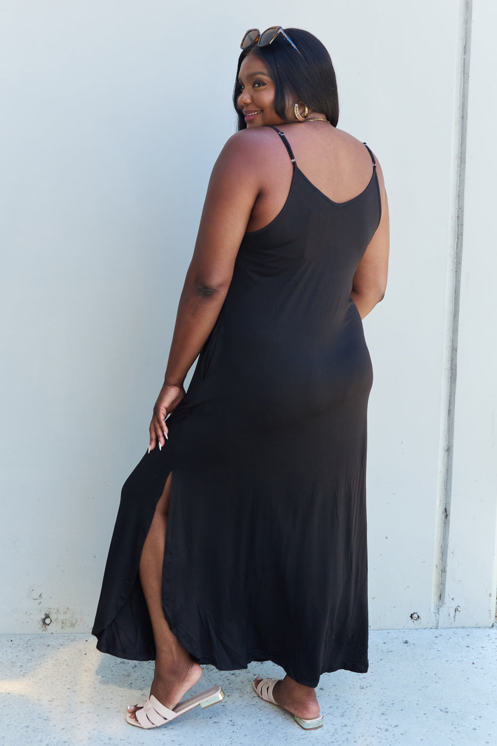 Stilla | Good Energy Full Size Cami Side Slit Maxi Dress I Sort