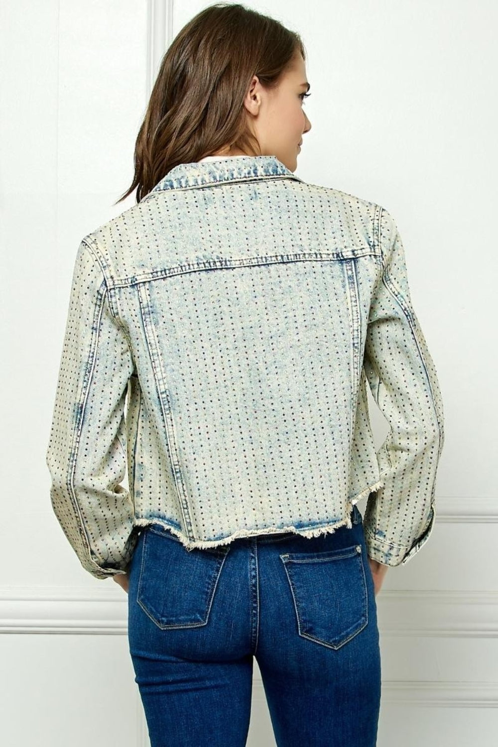 Stilla | Multi Color Stripe Rhinestone Raw Hem Denim Jacket