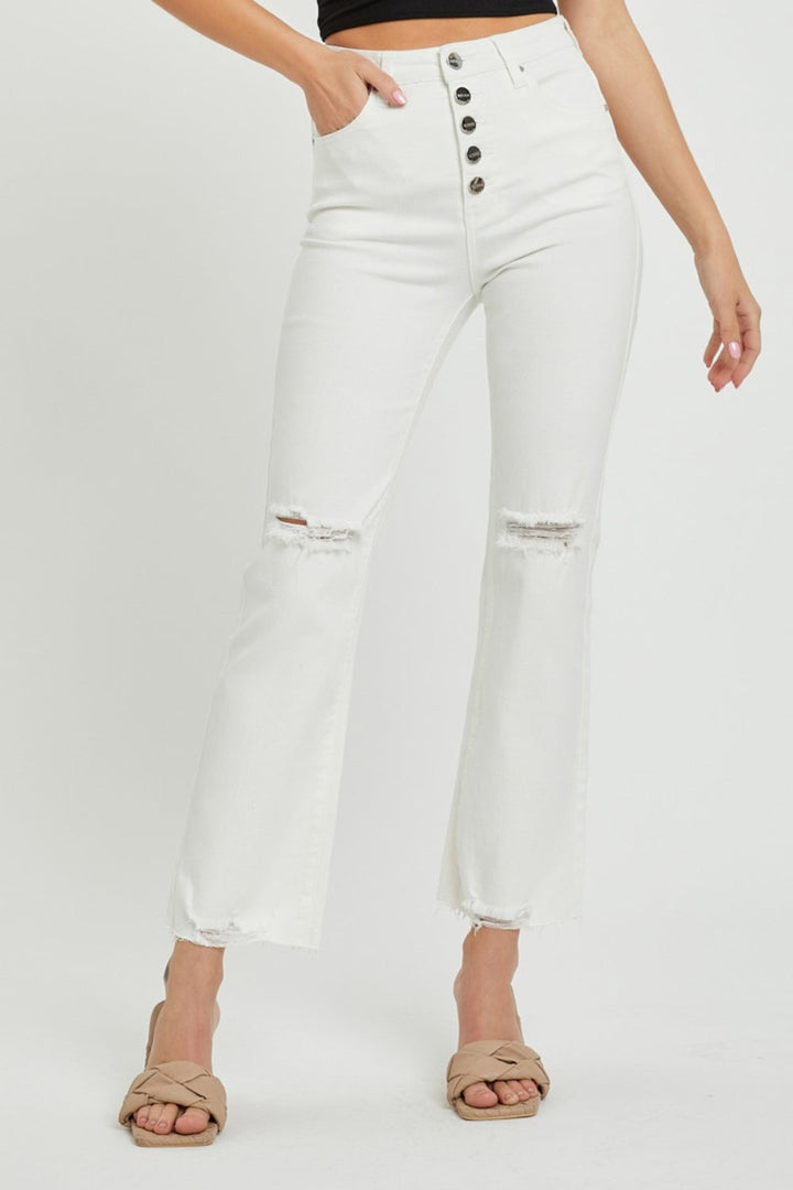 Stilla | Full Size Høj Talje Knap-gennemsigtig Lige Ankler Jeans