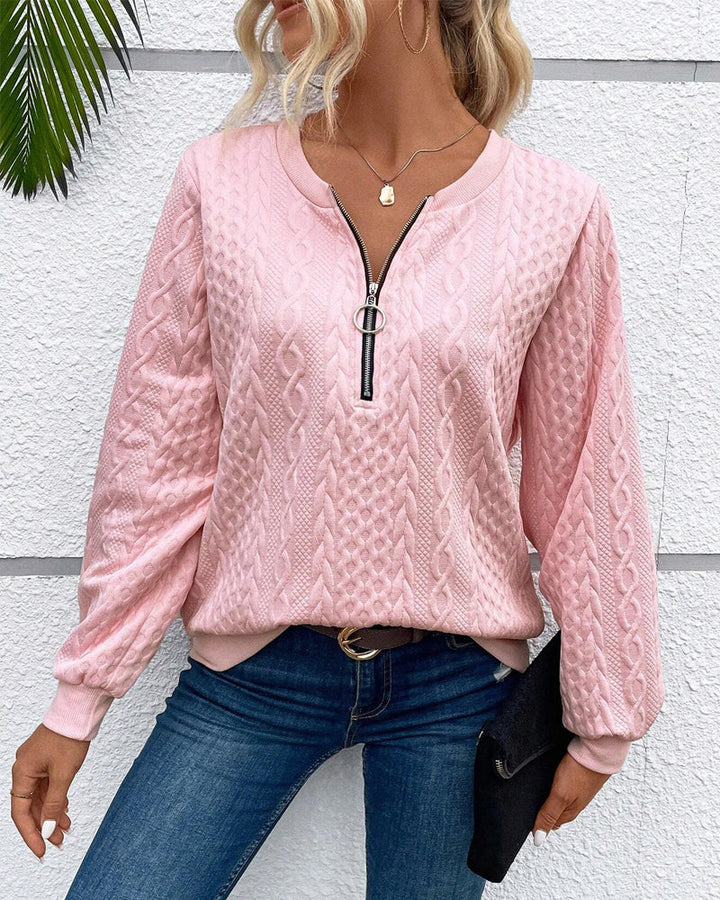 Stilla | Lækkert Ensfarvet Sweater med Lange Ærmer og Lynlås