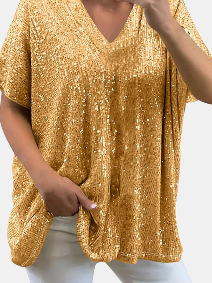 Stilla | Plus Size Paillet V-Hals Kortærmet Top