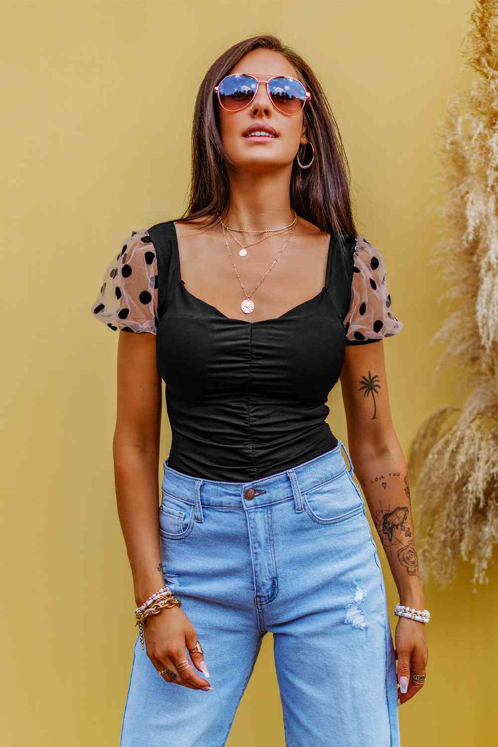 Stilla | Dot Mesh Puff Sleeve Spliced Bodysuit