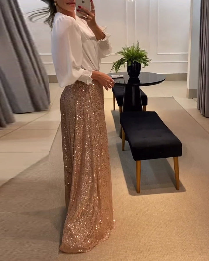 Stilla | Elegant Enfarvet Bluse med V-Udskæring og Lanterneærmer
