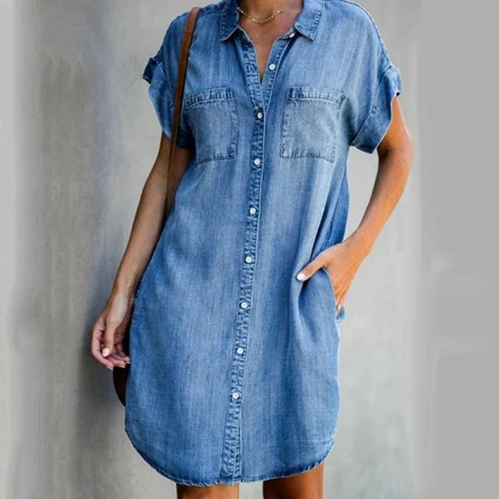 Stilla | Lækker Denim Kjole Med Korte Ærmer
