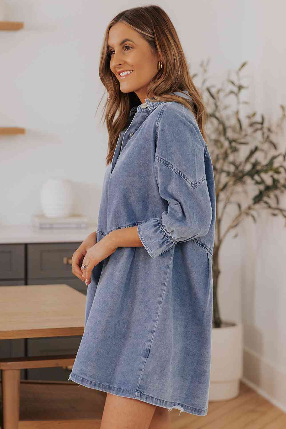 Stilla | Hals Flounce Ærme Denim Mini Kjole
