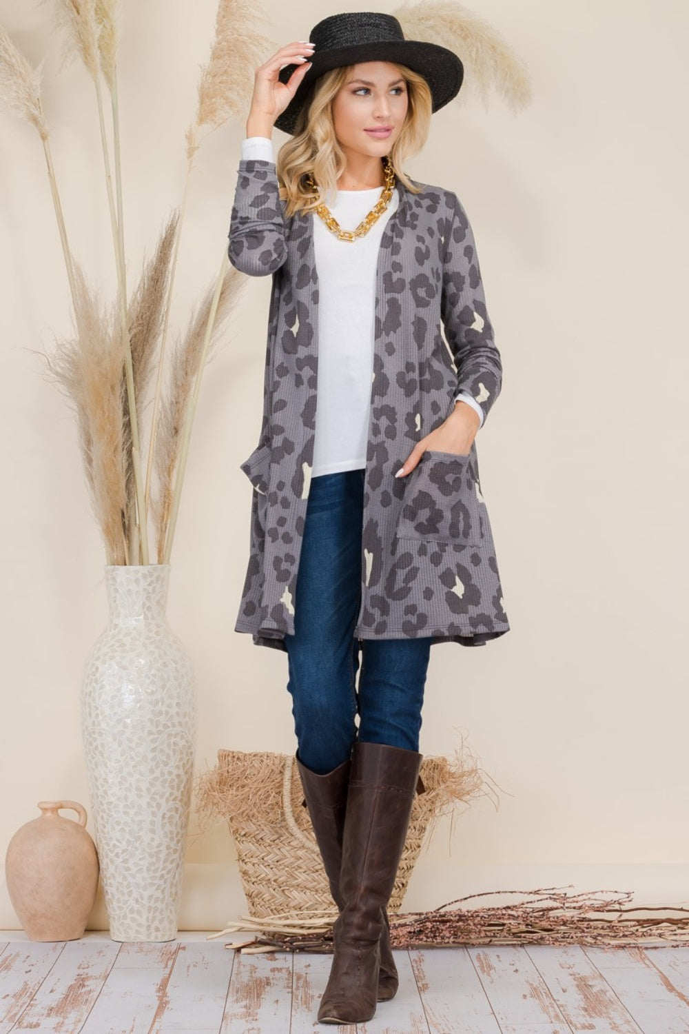 Stilla | Full Size Leopard Åben Front Kontrast Cardigan