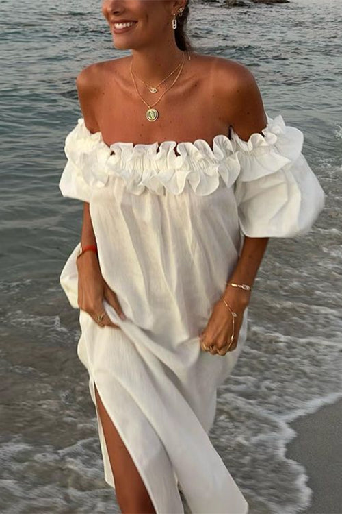 Skovae | Rosiedress Off Shoulder Rynkebånd Splits Bomuld Linned Maxi Ferie Kjole