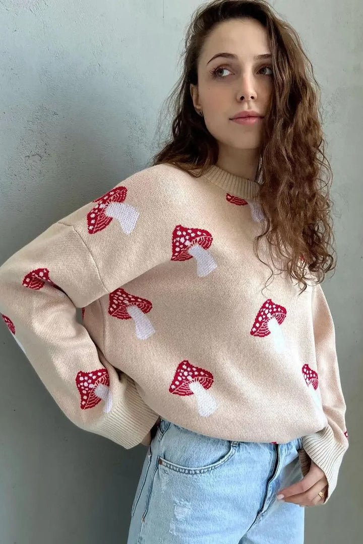 Stilla | Cozy Mushroom Jacquard Strik Sweater