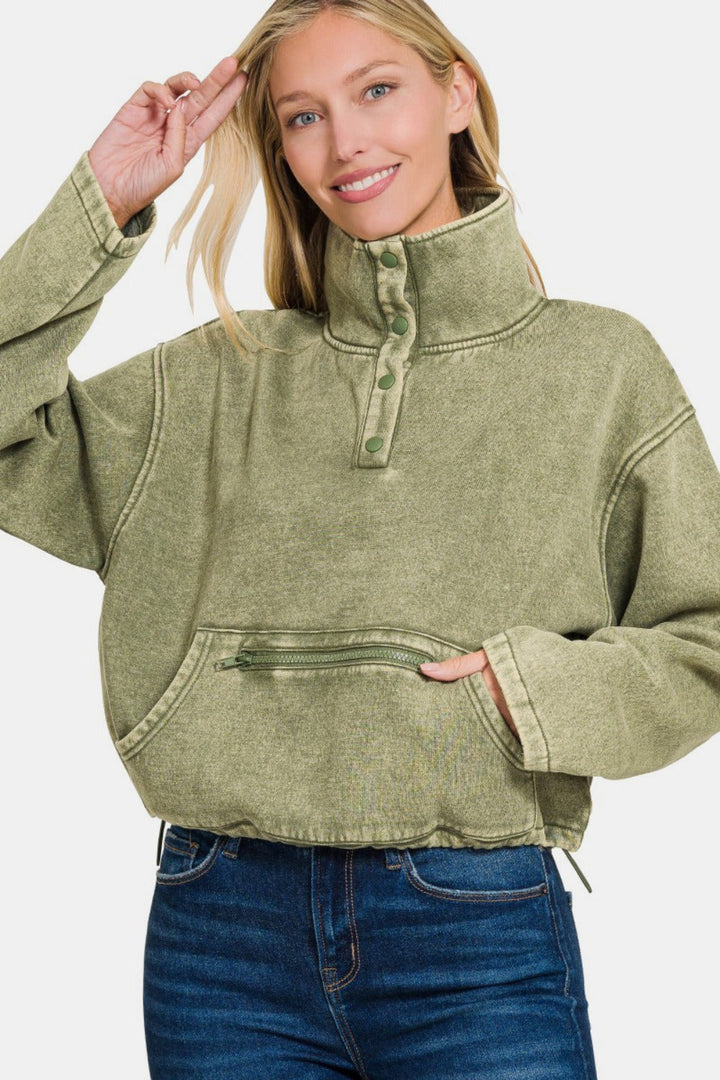 Stilla | Sweatjakke Halv Tryk Uden Acid Vasket Fleece Med Lomme